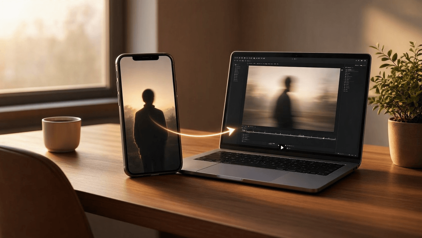 Split-screen composition showing a smartphone with static portrait photo transitioning to a laptop screen playing an animated video clip representing PixVerse AI image-to-video workflow