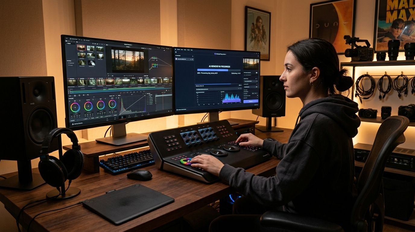 Creator at dual-monitor desk with editing timeline and AI video interface mid-render in warm studio lighting
