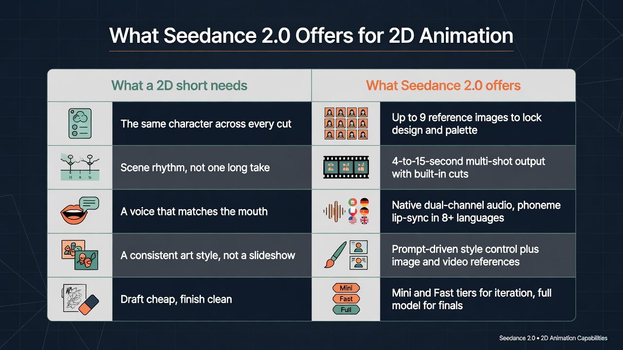 Comparison table showing Seedance 2.0 features for 2D animation including 9 reference images for character consistency, 4 to 15 second multi-shot output, native audio with lip-sync in 8 languages, style control, and Mini and Fast tiers for iteration