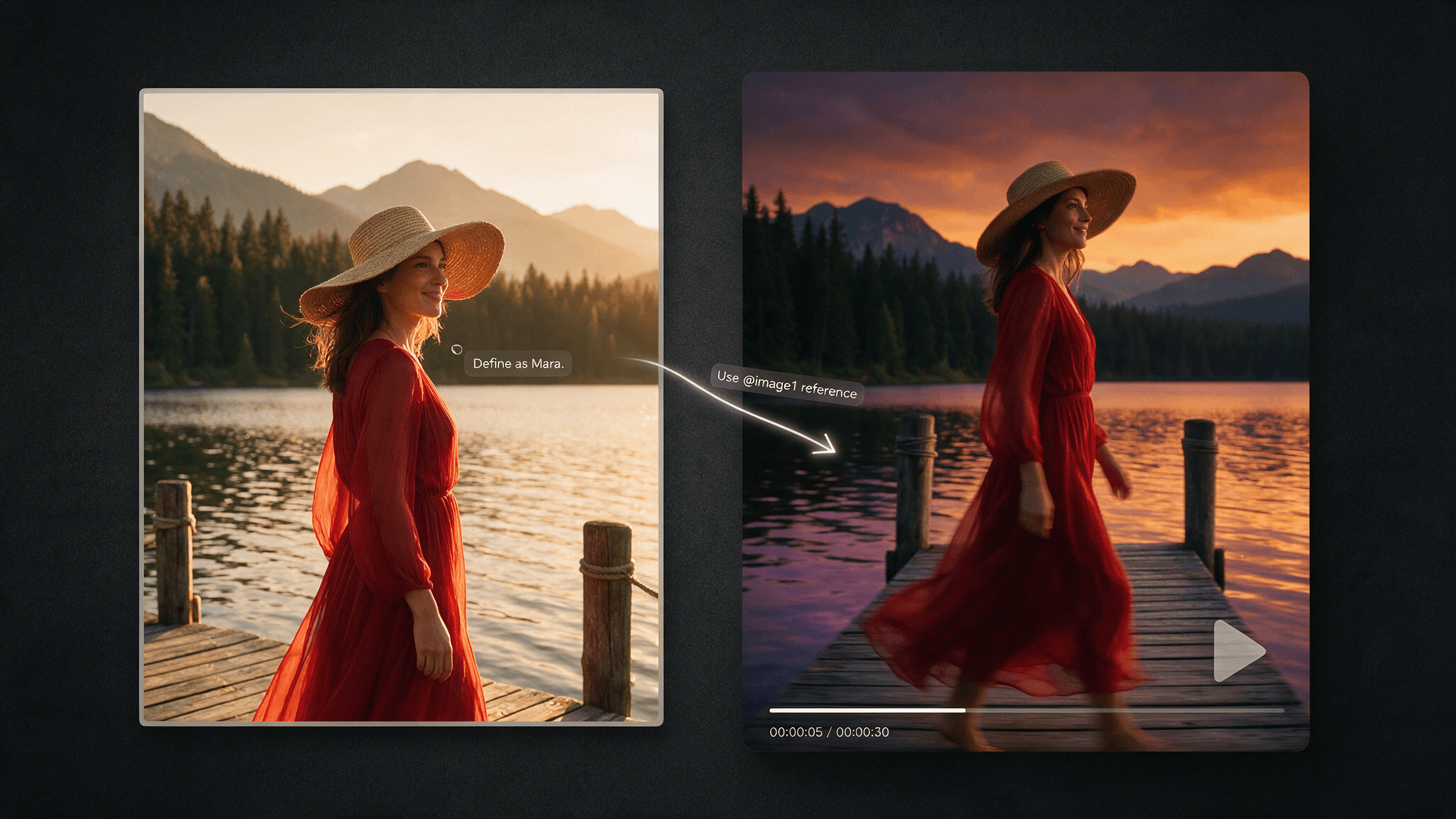 Split-Illustration mit Referenzbild einer Frau in rotem Kleid und Strohhut, beschriftet @image1 auf der linken Seite, und Videovorschau von Mara, die auf dem Pier geht, auf der rechten Seite