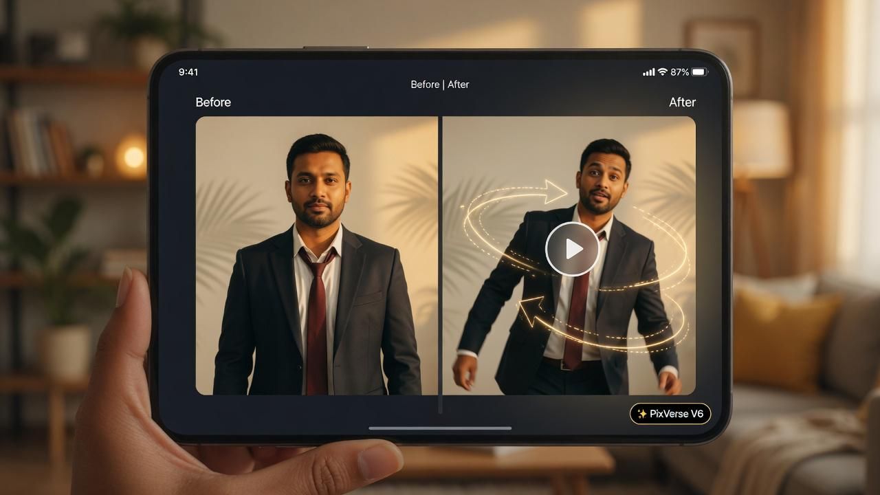Smartphone before-and-after mockup showing a portrait photo transforming into a swaying PixVerse Pardon dance video with motion trails