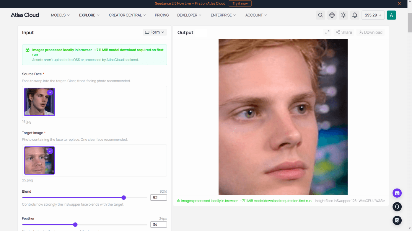 Atlas Cloud free AI face swap tool rerunning the Blinking White Guy swap at no cost, with the Blend and Feather sliders next to the result.