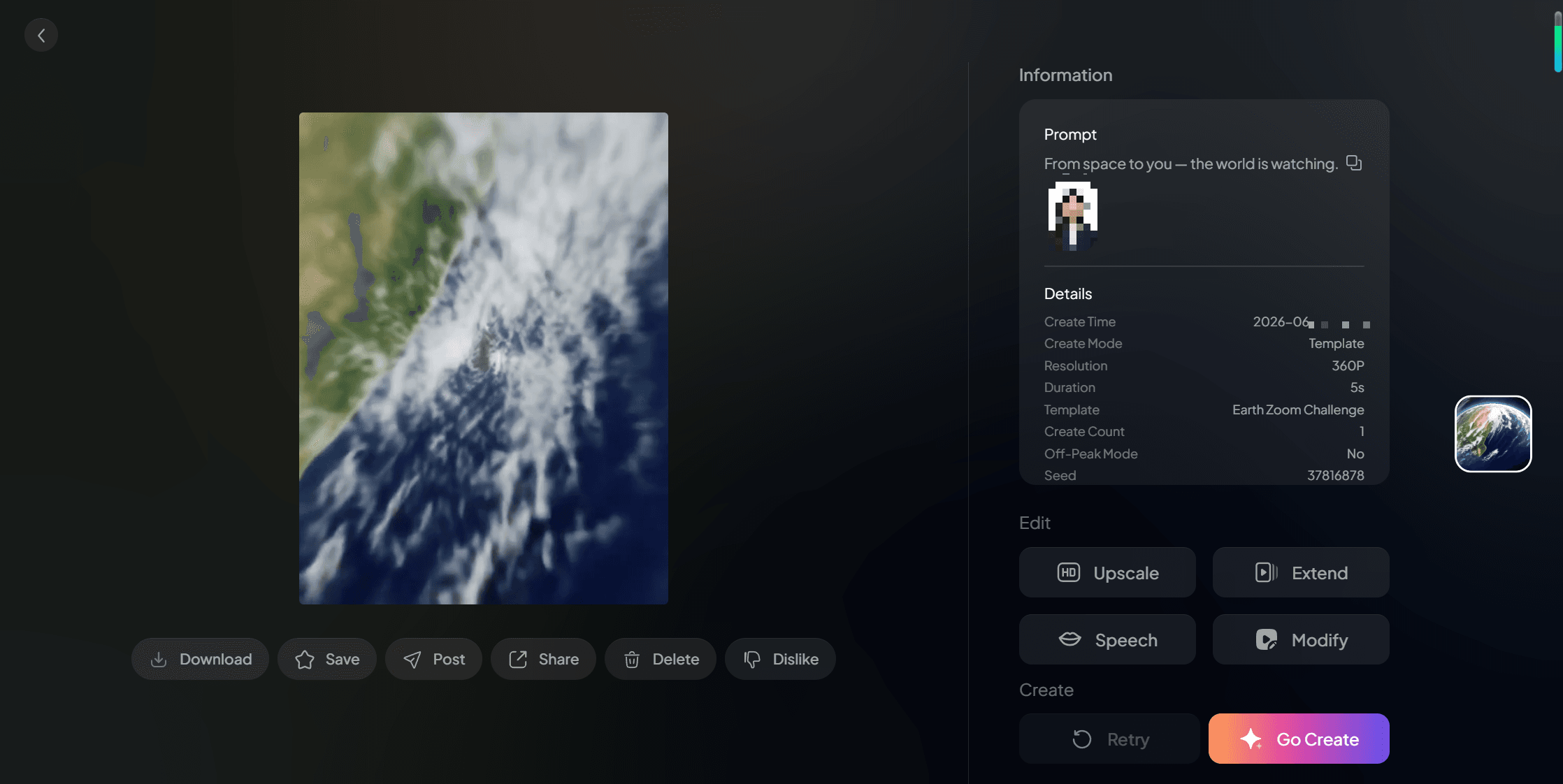 PixVerse Earth Zoom 视频输出示例,展示了从城市天际线到地球的电影级拉远镜头