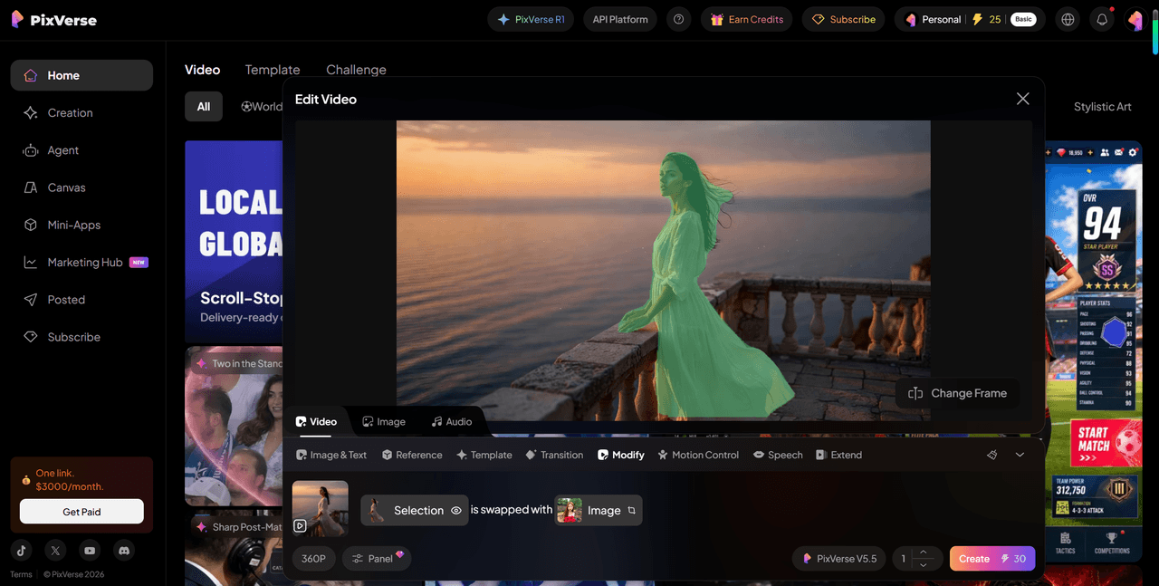 PixVerse face swap in the Modify tool: the person in the video is highlighted green as the selected mask, with the prompt bar reading "Selection is swapped with Image"