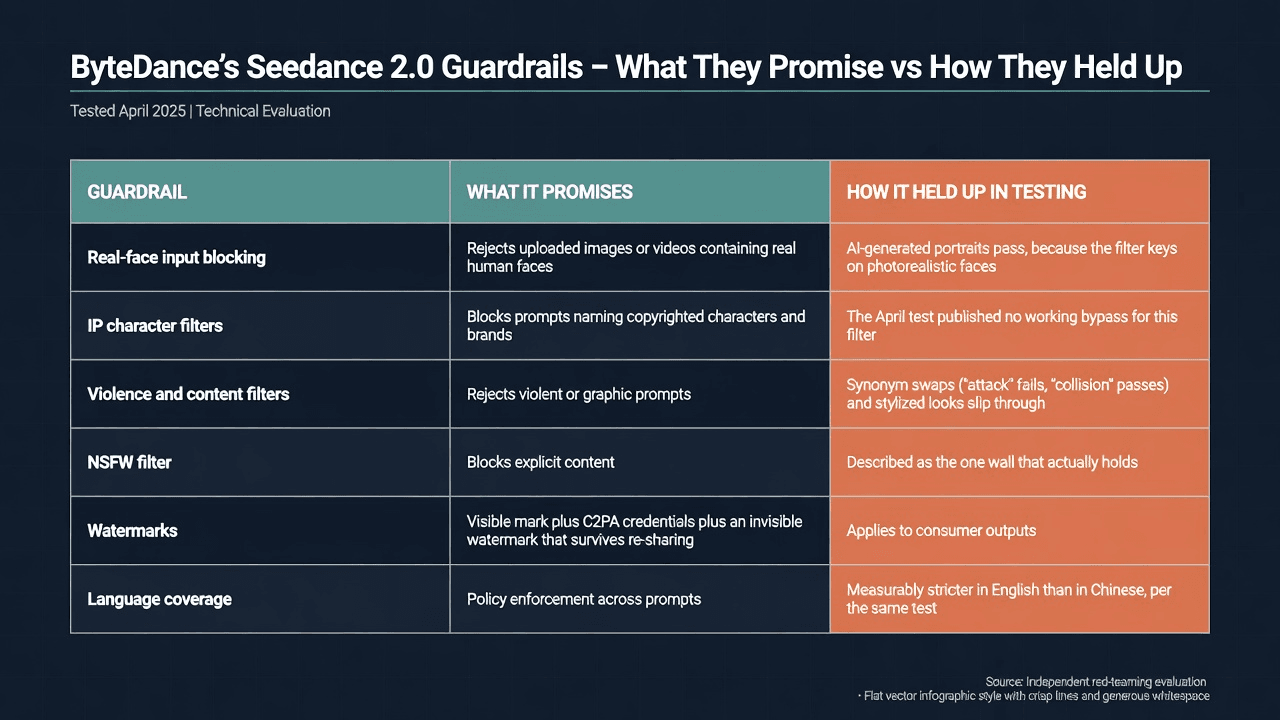 Comparison table showing ByteDance Seedance 2.0 guardrails including real-face blocking IP filters violence filters NSFW filter watermarks and language coverage with testing results for each