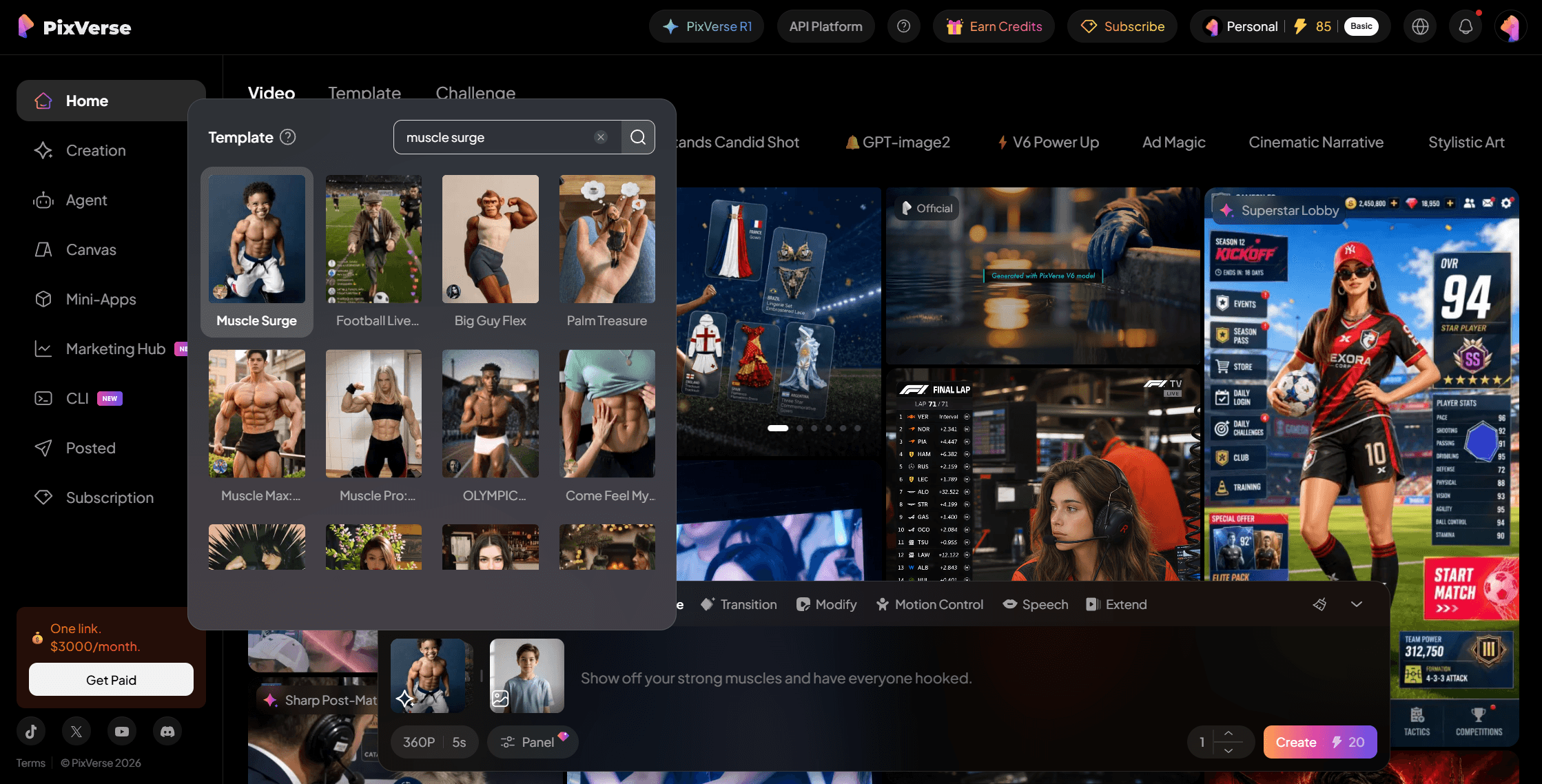 Steps to search for the Muscle Surge template in PixVerse and upload photos for synthesis
