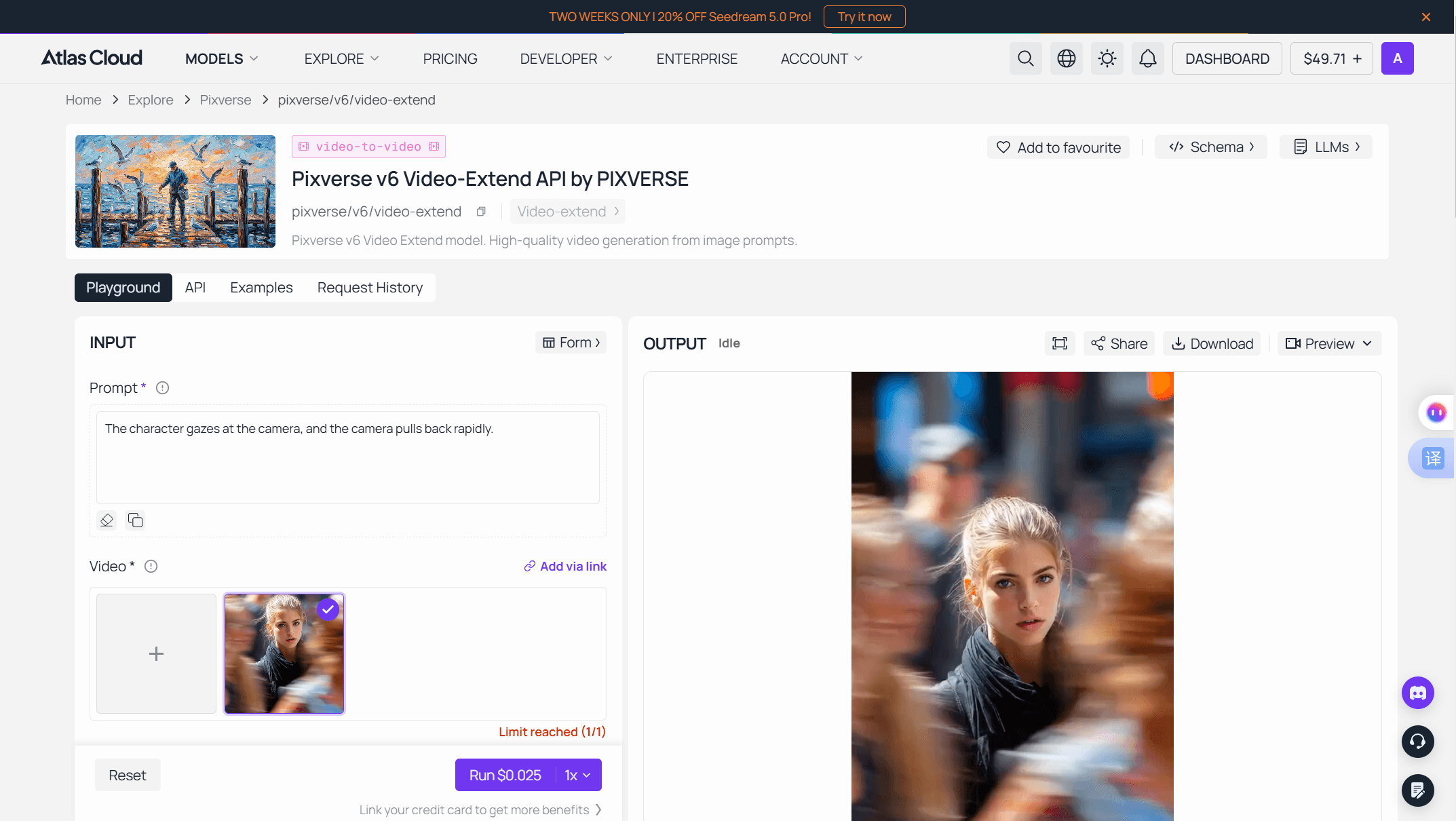 Atlas Cloud playground for the PixVerse V6 video-extend API, with a prompt reading "The character gazes at the camera, and the camera pulls back rapidly," an uploaded source clip thumbnail, a Run button priced at $0.025, and an output preview of a blonde woman standing still in a motion-blurred crowd.