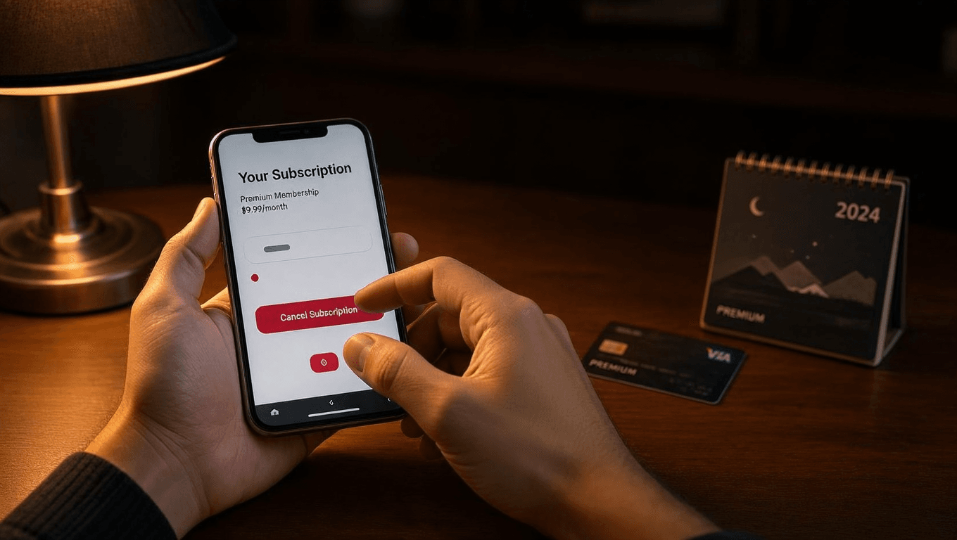 Hand holding phone with thumb hovering over cancel subscription button, bank card and calendar blurred in background