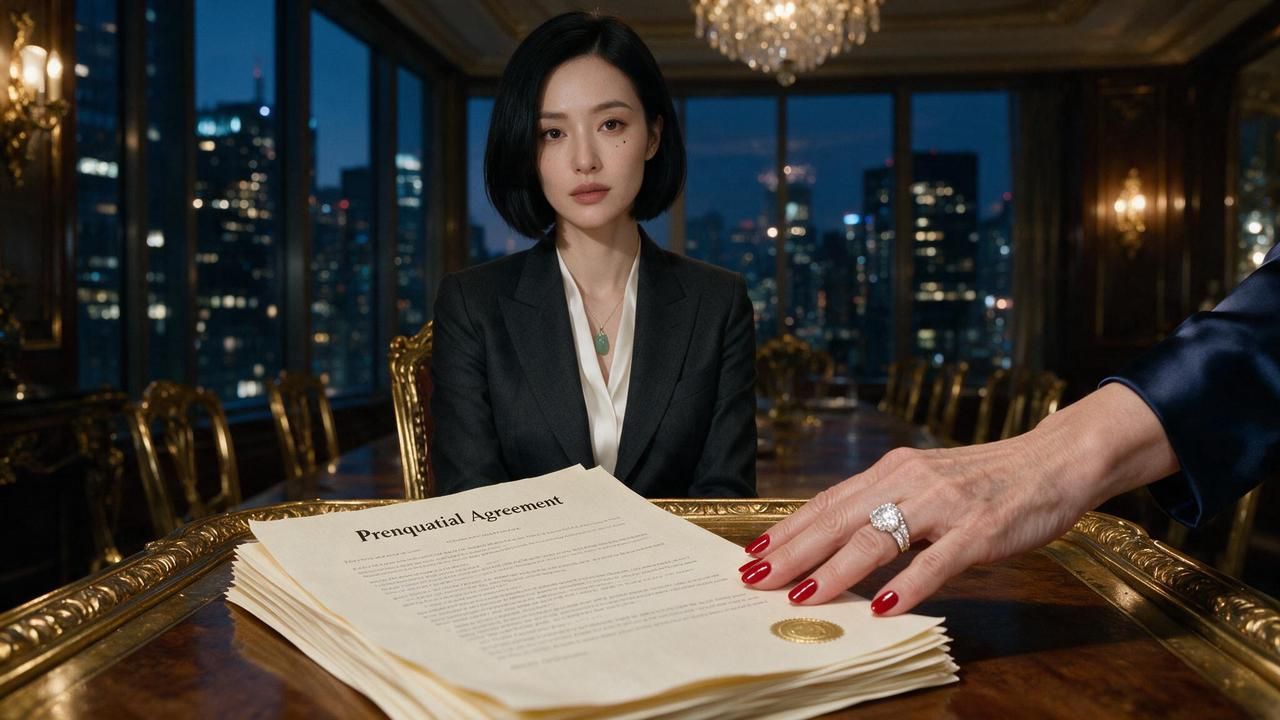 The cliffhanger keyframe generated from the prompt above: the woman at the head of a gilded dining table, one hand flat on a signed document, eyes wide at someone off-screen, warm light from the left dropped to half against cool city glow.