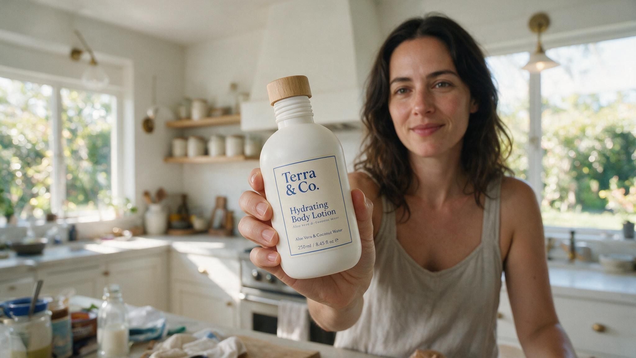 Seedream 5.0 Pro multi-reference lifestyle result merging a product photo and a model photo into one scene, a woman holding the stainless steel bottle at a bright kitchen counter with the label facing the camera, candid 4:5 format.