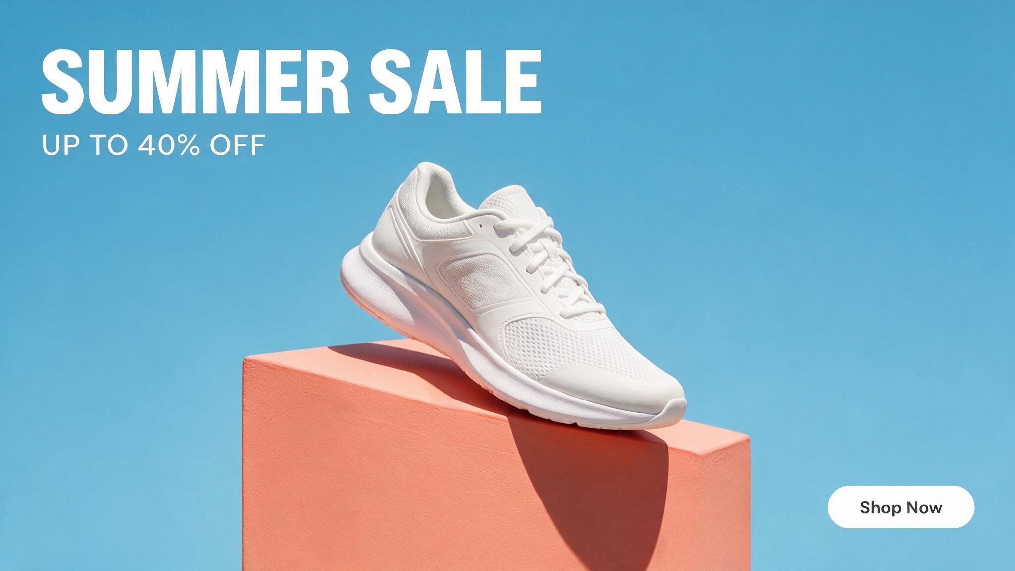Seedream 5.0 Pro 16:9 sale banner result showing a white sneaker on a coral podium with the exact headline "SUMMER SALE", subhead "UP TO 40% OFF", and a "Shop Now" button, clean commercial layout with generous negative space.