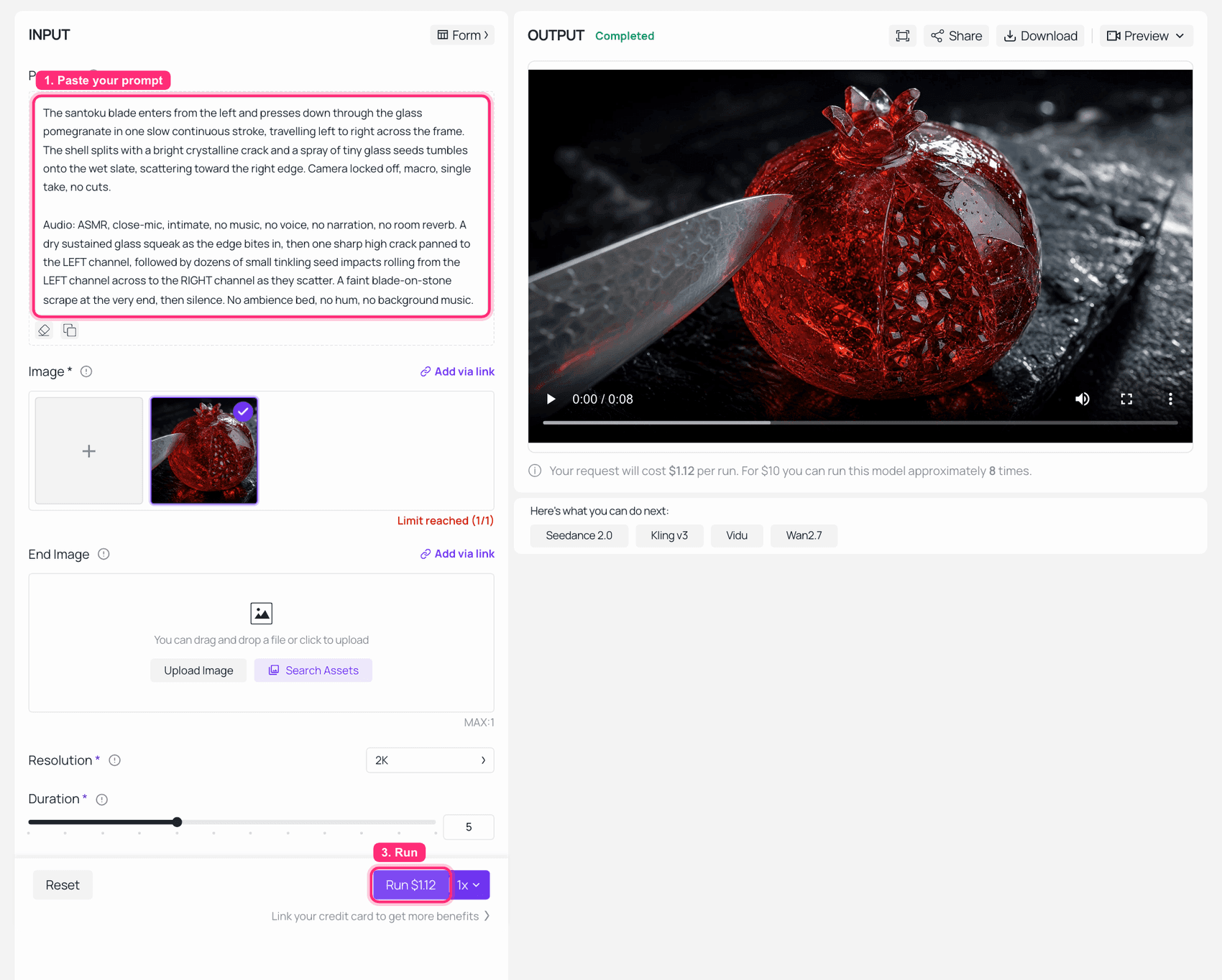 AI 视频生成器界面,显示一段玻璃石榴视频