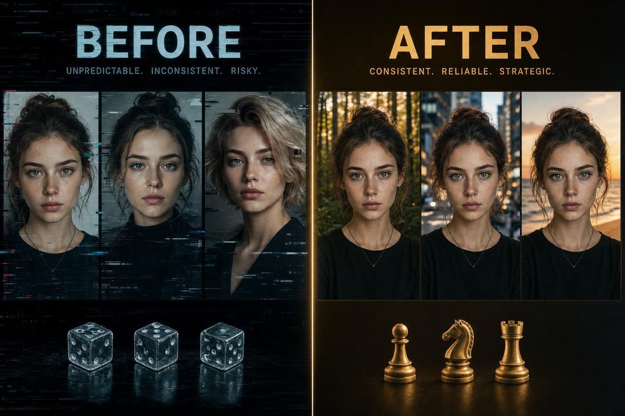 Gemini Omni before-after split: character drift vs consistent character memory in AI video editing.jpg