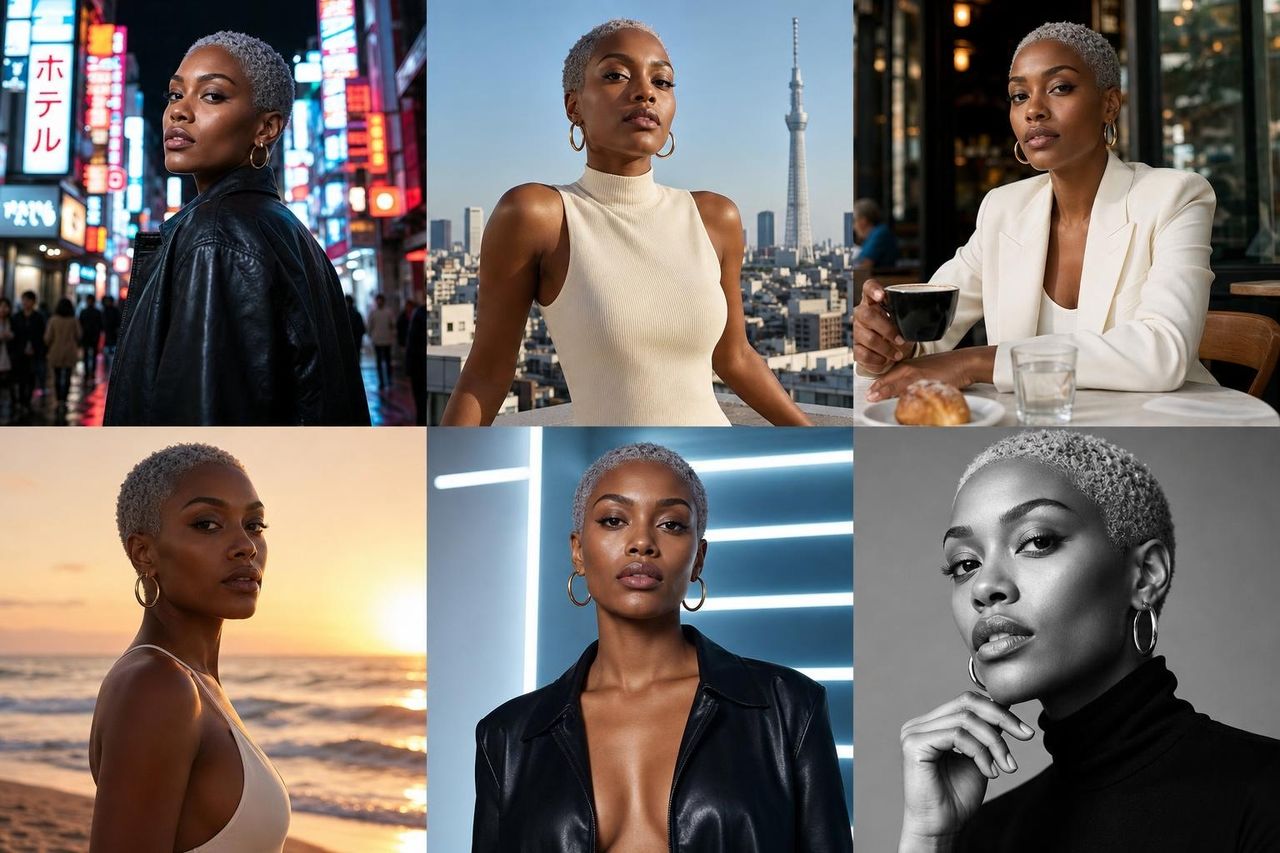 Gemini Omni character consistency demo: same fashion model across six AI-generated campaign settings.jpg