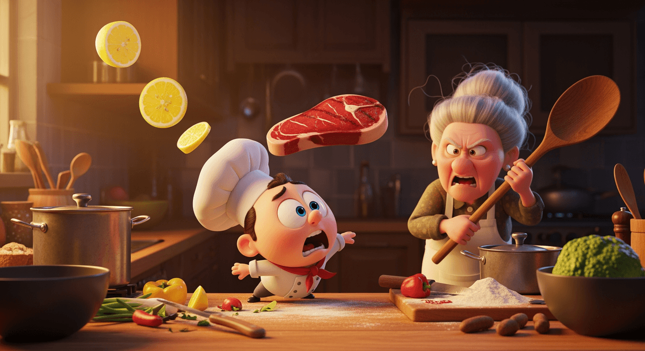 Pixar-style animated kitchen scene with round chef ducking as steak flies overhead and furious elderly woman with wooden spoon in background
