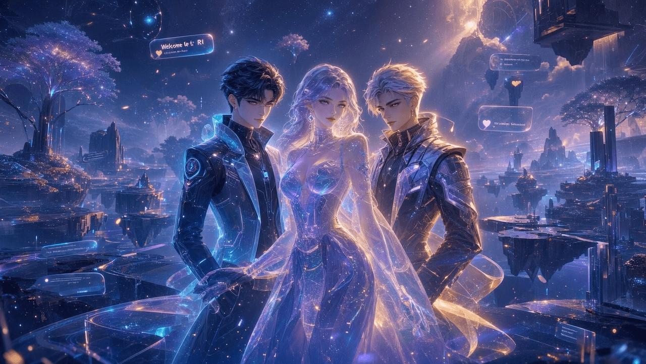 Three digital avatars standing in glowing virtual landscape with live chat bubbles for PixVerse R1 shared worlds feature