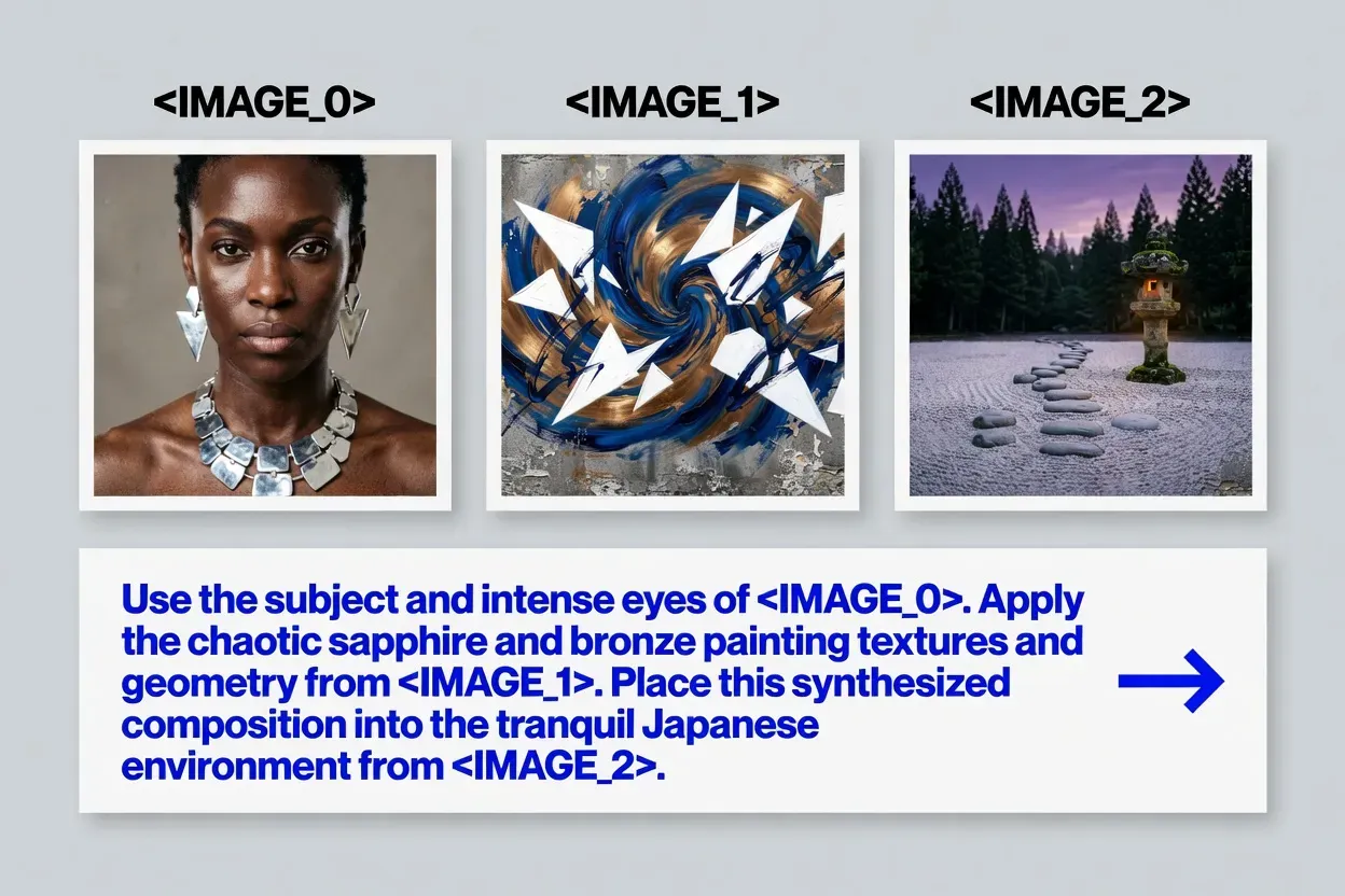 3 Image synthesis that merges a subject, a style reference, and an environment, which serve as "raw materials" fed into Grok imagine for processing.