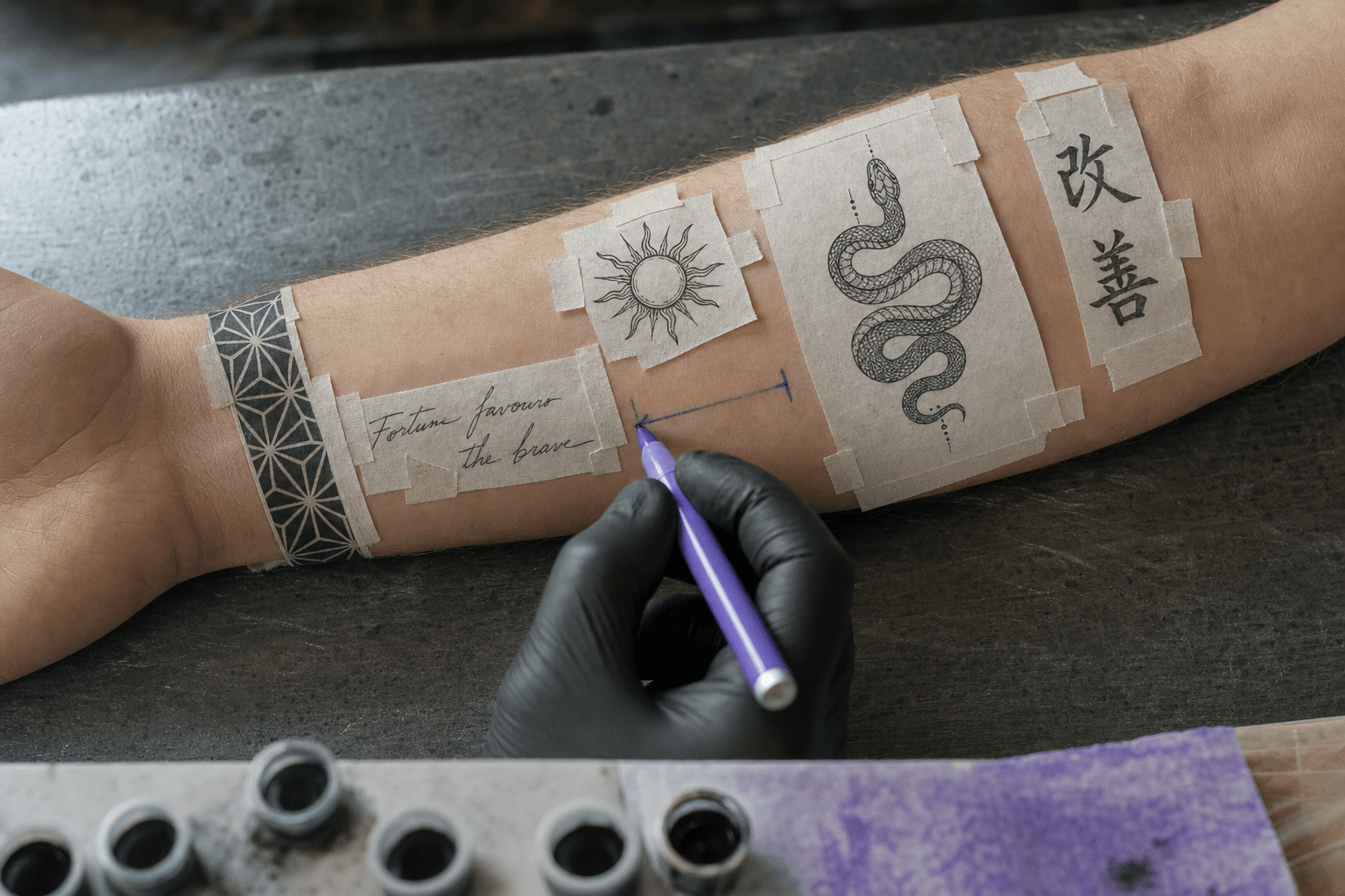 Cinque pannelli AI stampati per tatuaggi attaccati a un avambraccio nudo in uno studio di tatuaggi, un artista disegna frecce di spaziatura tra di loro
