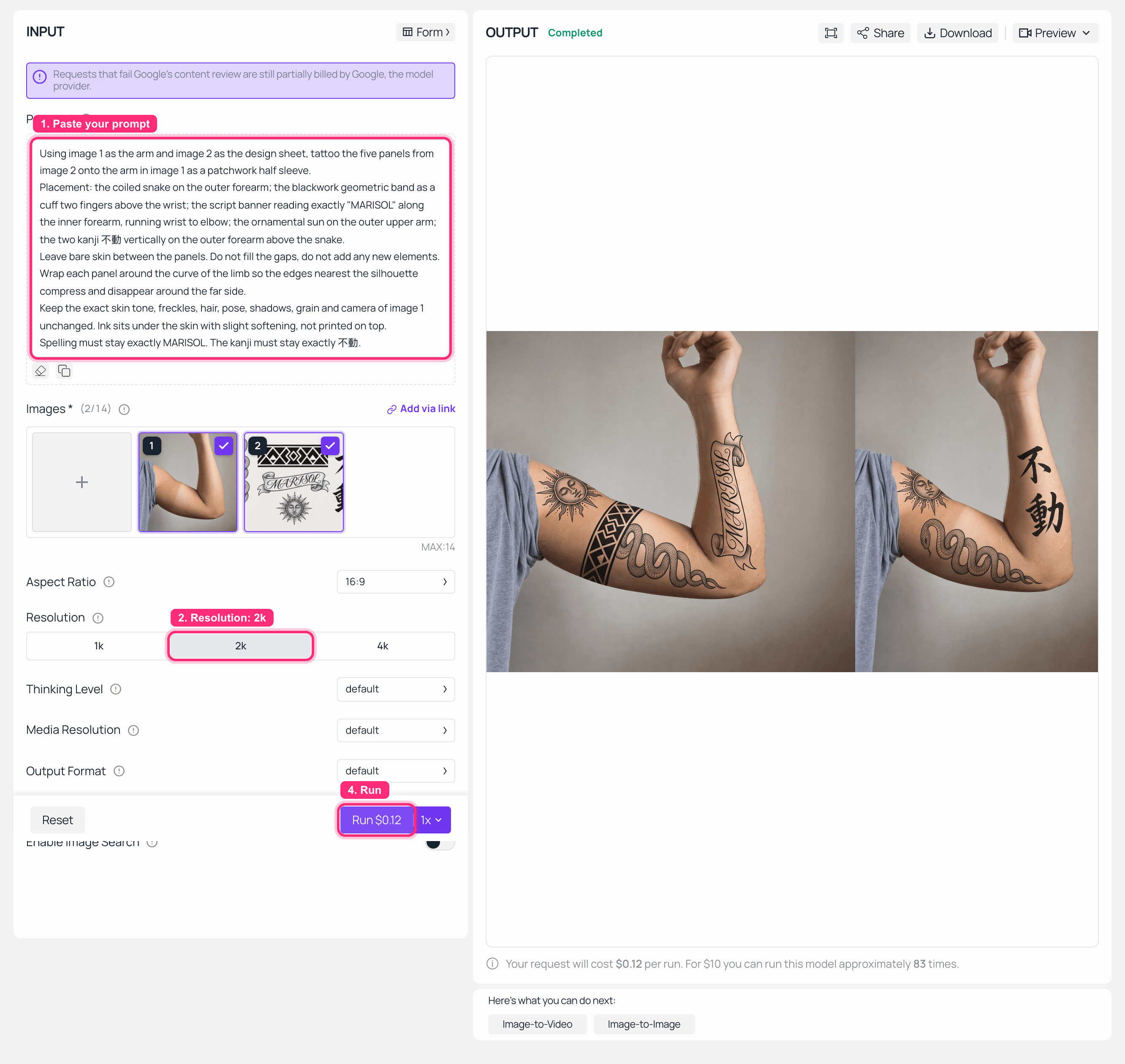 Nano Banana 2 Edit su Atlas Cloud con due miniature di riferimento caricate, 2K selezionato e la manica a patchwork avvolta renderizzata nel pannello di output