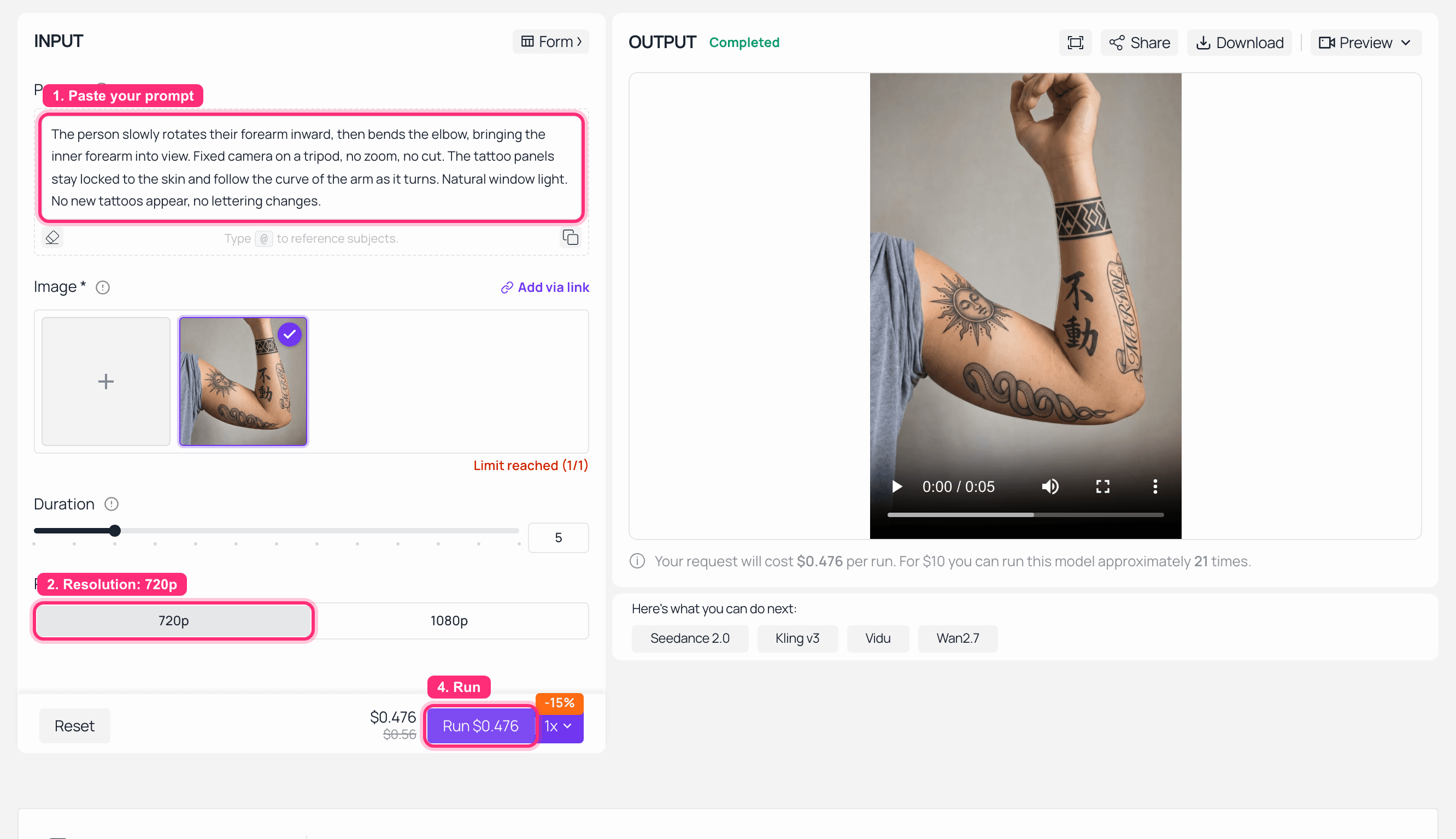 Playground di Kling v3.0 Turbo immagine-a-video su Atlas Cloud con il braccio avvolto come primo fotogramma, 5s e 720p selezionati, e il clip finito in riproduzione nel pannello di output