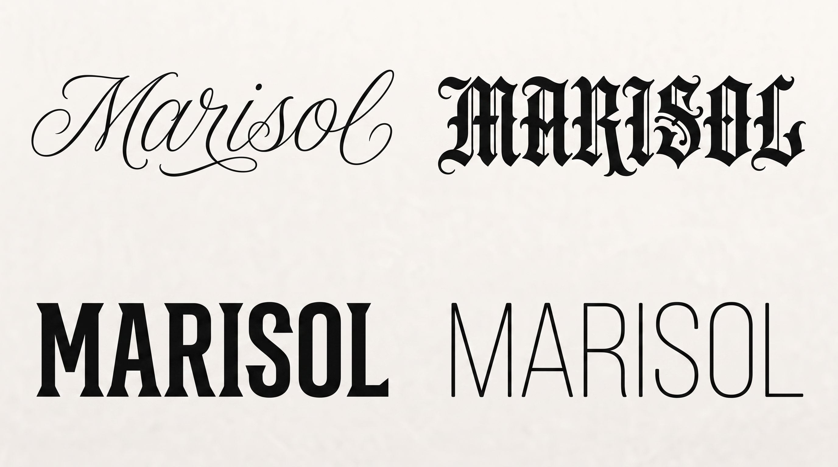 Un foglio 2x2 che mostra il nome MARISOL in quattro stili di scrittura per tatuaggi: corsivo a linea fine, blackletter, slab serif grassetto e monolinea minimale