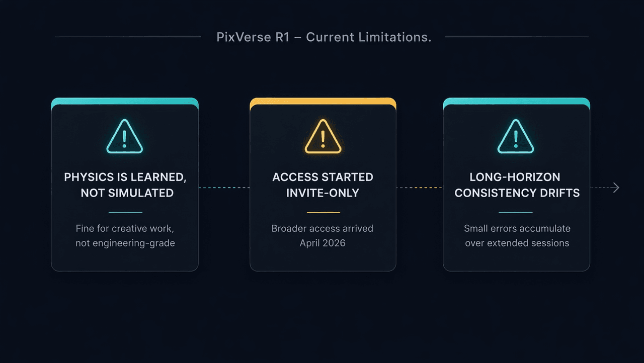 Infographic showing three PixVerse R1 limitations: physics learned not simulated, invite-only access, and long-horizon consistency drift