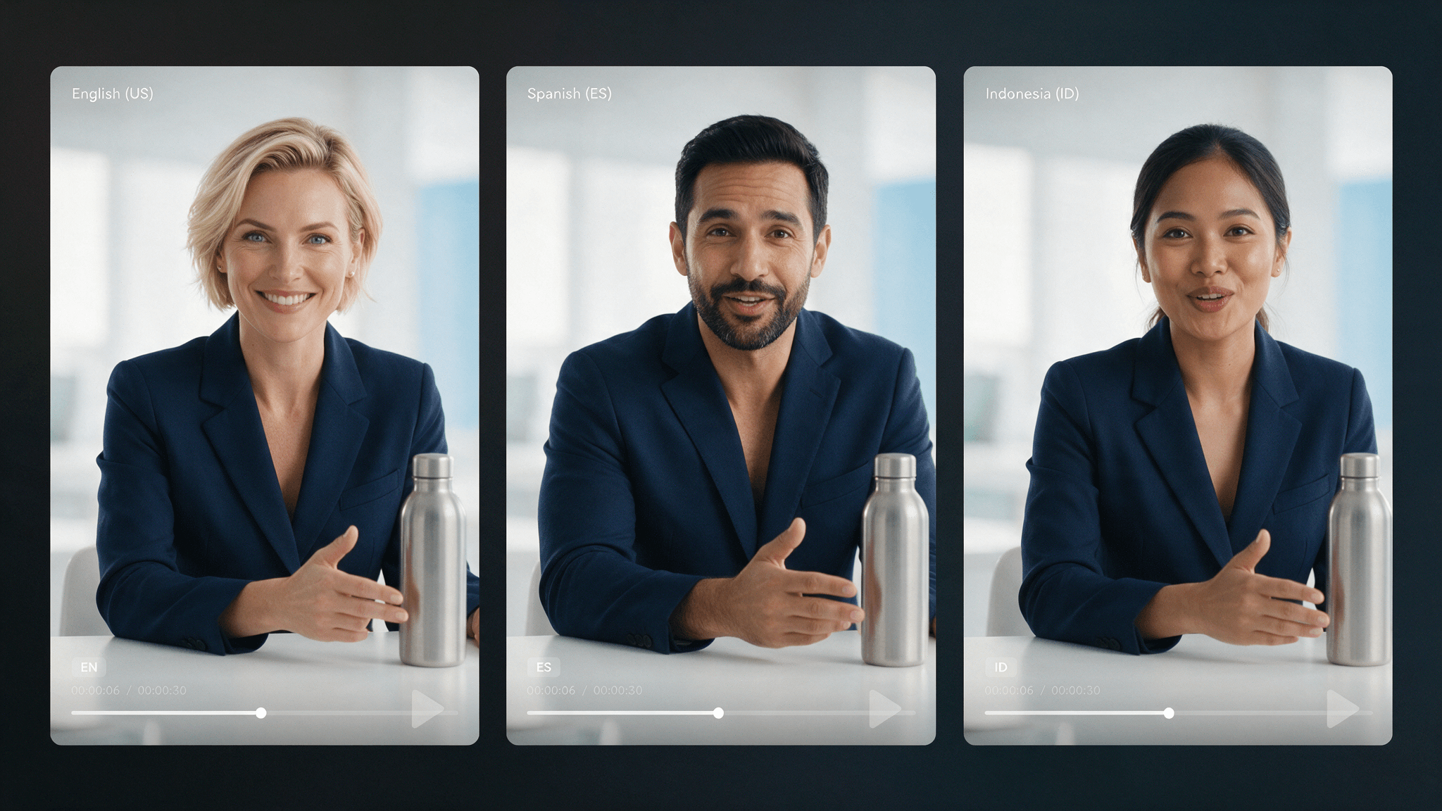 Drei-Panel-Vergleich, der dieselbe Anzeige lokalisiert für Englisch (amerikanische Frau), Spanisch (spanischer Mann) und Indonesisch (indonesische Frau) zeigt, mit Sprachabzeichen EN, ES, ID und identischer Komposition