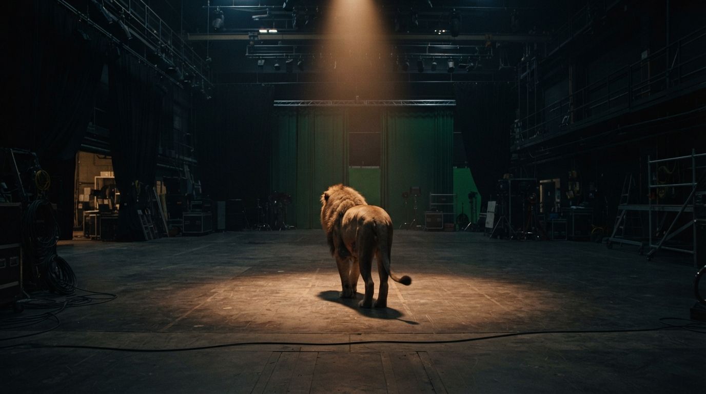Solitary photorealistic lion walking across empty film soundstage with dramatic spotlight, cables and green screens visible at edges