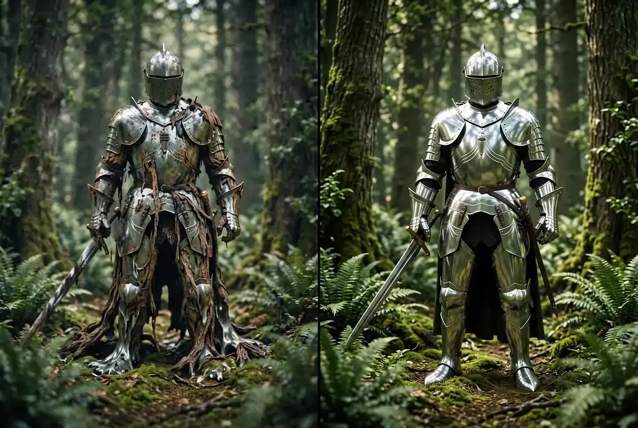 A chaotic 4K render caused by a vague prompt versus a stable, high-fidelity render achieved through structured prompt engineering