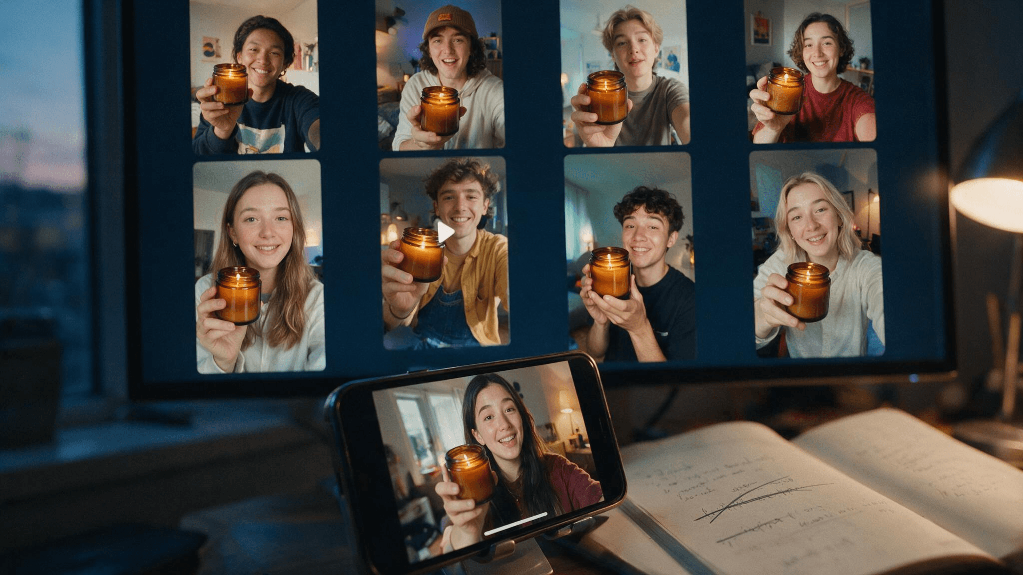 Media Buyer, der ein Raster von UGC-Video-Anzeigenvarianten für eine Meta Ads Retargeting-Kampagne prüft, ein Clip wird auf einem Telefon im Vordergrund abgespielt.