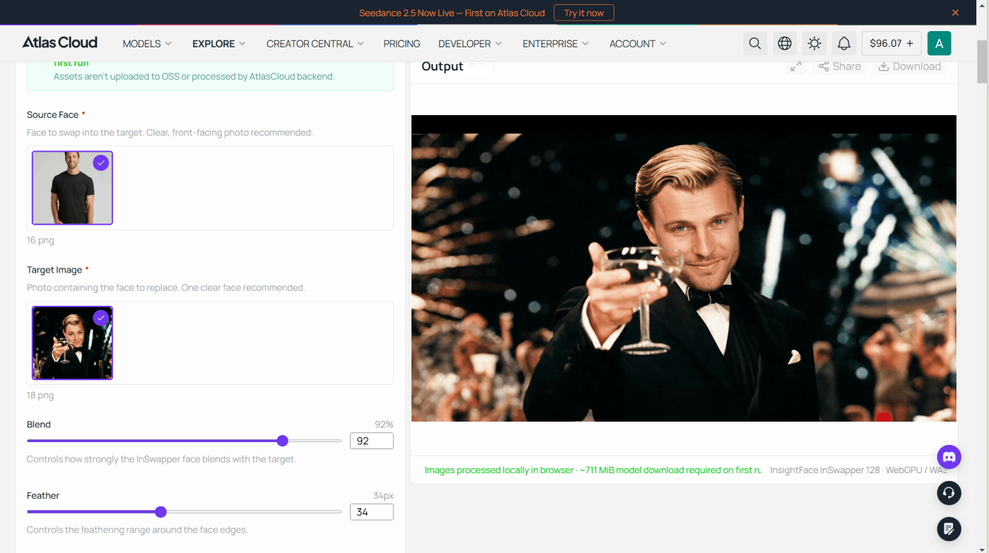 Real screenshot of the Atlas Cloud free AI face swap tool with the Gatsby toast meme loaded as the target photo, the source face as the face photo, and the swapped toast in the preview panel.