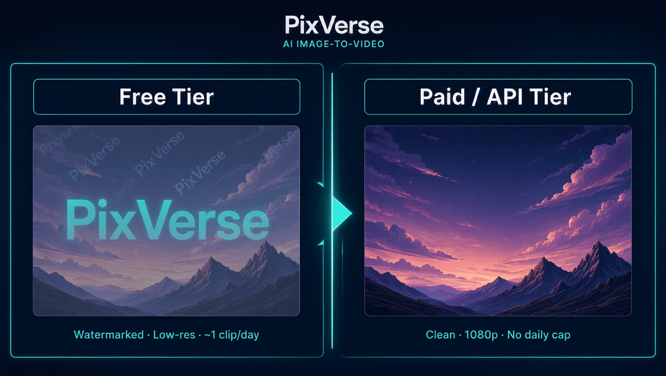 Side-by-side comparison of PixVerse AI image to video tiers: the free tier output is watermarked and low resolution at about one clip per day, while the paid API tier delivers clean 1080p video with no daily cap.