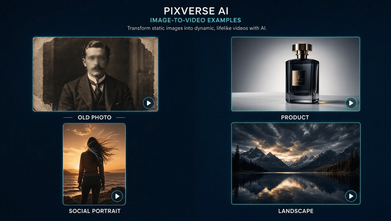 Four PixVerse AI image to video examples in a grid: an old family photo, a perfume product shot, a social portrait at sunset, and a mountain landscape, each marked with a play button to indicate motion.