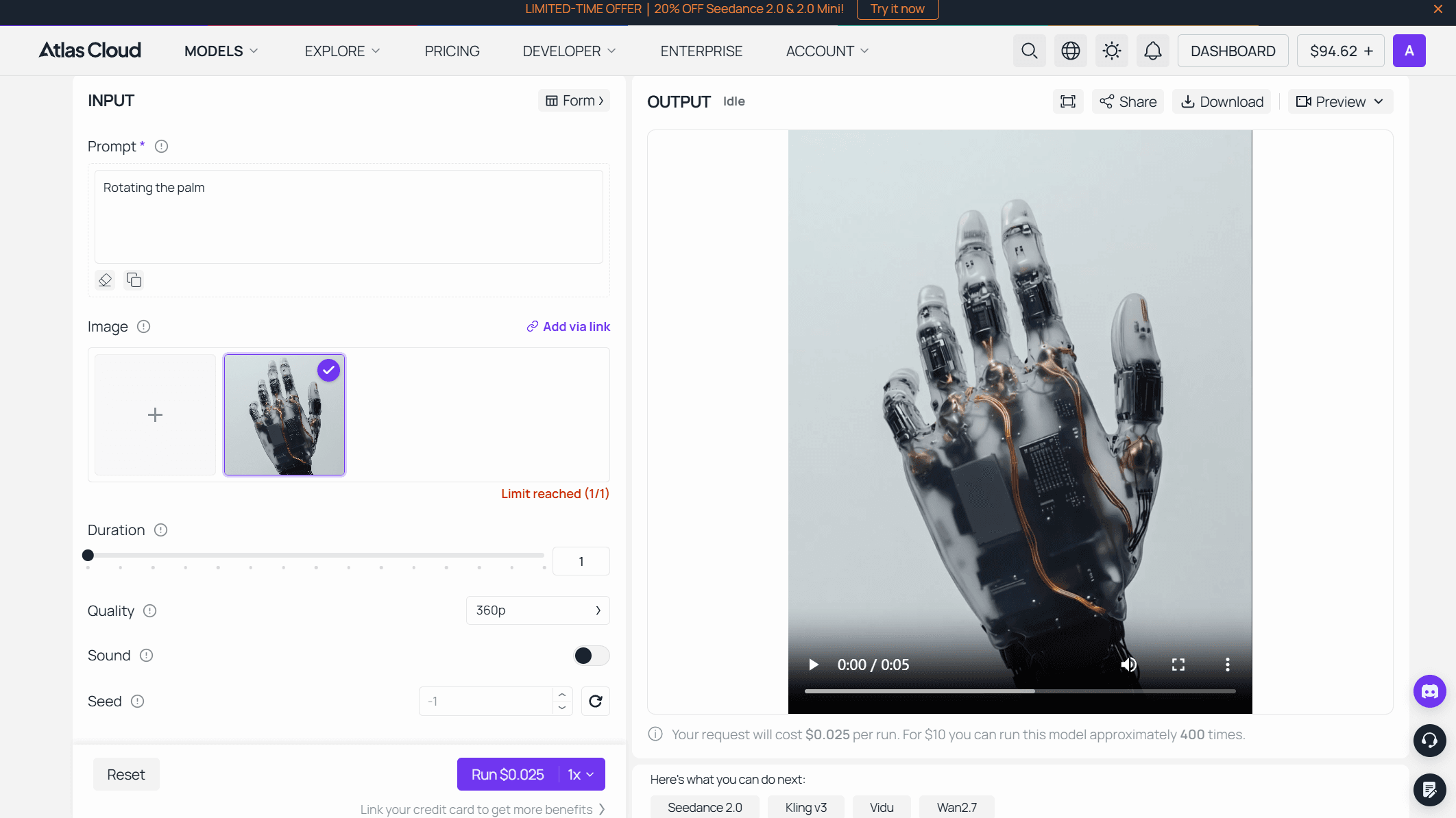 PixVerse image to video model page on Atlas Cloud, showing a robotic hand photo uploaded with the prompt "Rotating the palm," duration and quality settings, and a Run button priced at $0.025 per generation.