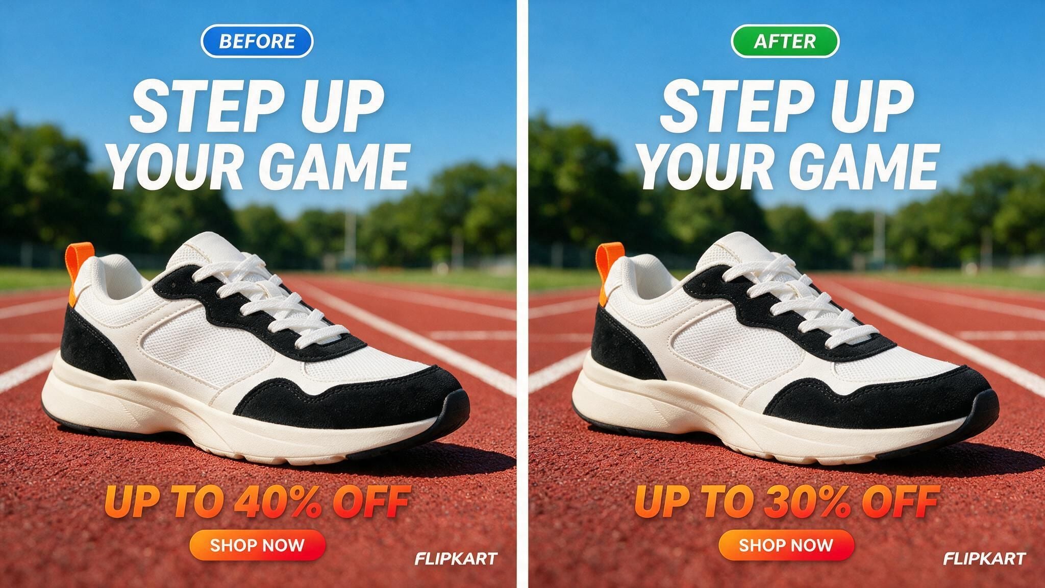 Seedream 5.0 Pro region-edit result shown as a before-and-after pair of the same sneaker banner, with only the discount line changed from "UP TO 40% OFF" to "UP TO 30% OFF" and every other element unchanged.