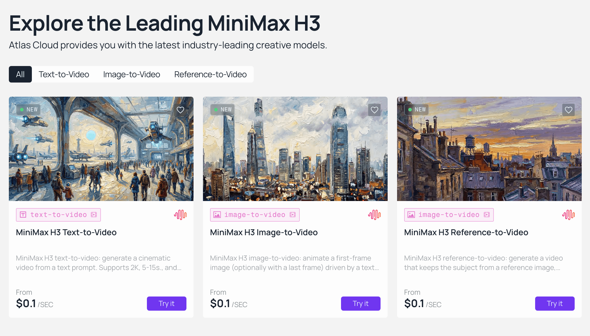 Webpagina-interface met drie MiniMax H3-videogeneratiemodelkaarten