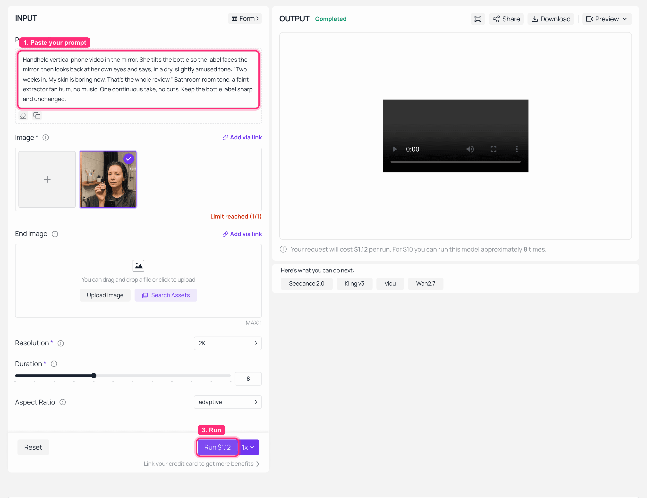 Screenshot van een AI-videogeneratorinterface met invoer en uitvoer