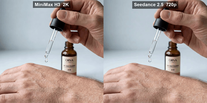 Two comparison images of a dropper dripping serum onto a hand