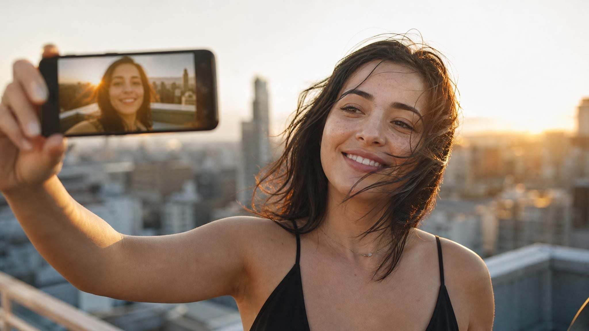 Woman on a rooftop at golden hour taking an arm's-length selfie with her phone, the screen showing the framed shot, illustrating what an AI selfie generator recreates from one photo