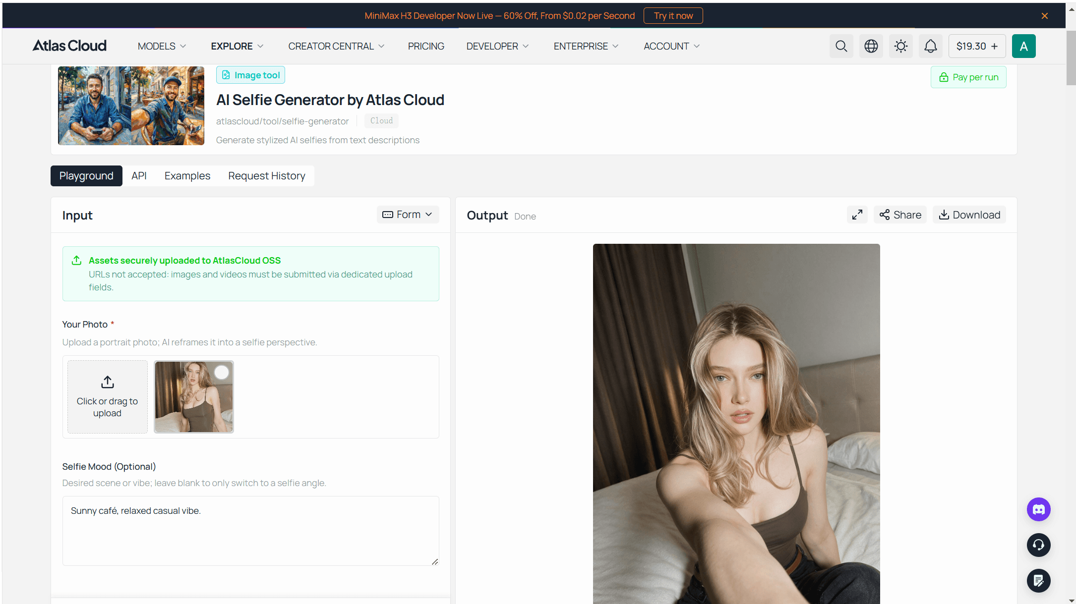 Atlas Cloud AI selfie generator playground with a portrait uploaded, the optional mood field left empty, and the finished arm's-length selfie shown in the output column beside a Download button