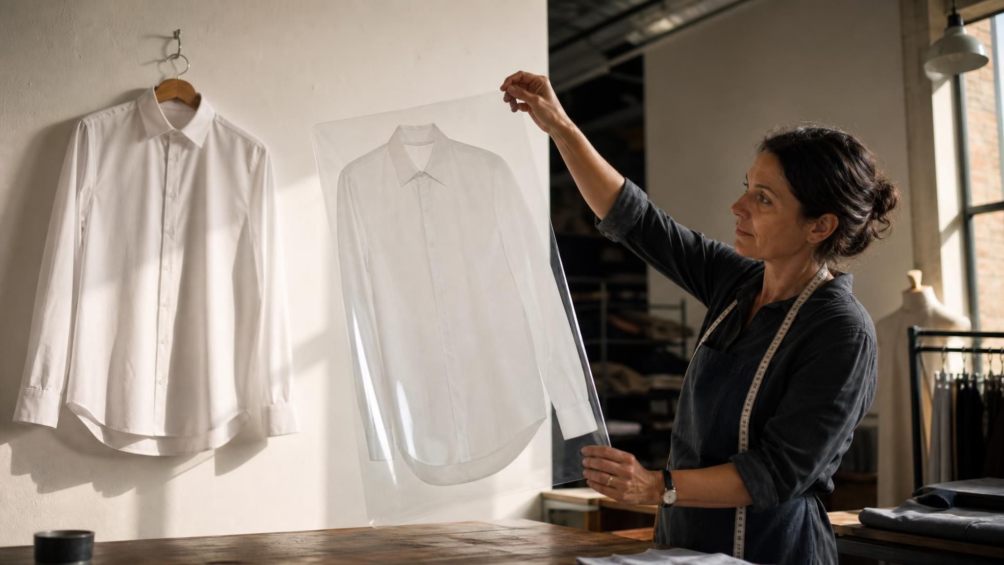 Photorealistic photo in a tailor's atelier: a white shirt hangs on a white plaster wall while a woman lifts a clear acetate sheet holding only the shirt away from the wall, a picture of what a GIMP remove background alternative does with a white subject on a white background.
