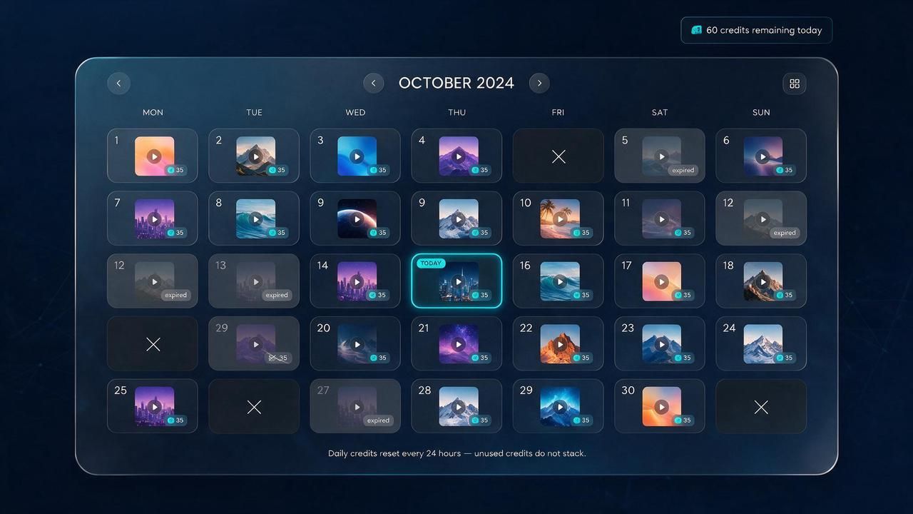 Calendar grid dashboard showing PixVerse daily free credit rhythm with one video generation per day and expired credits for missed days, highlighting the 24-hour reset policy