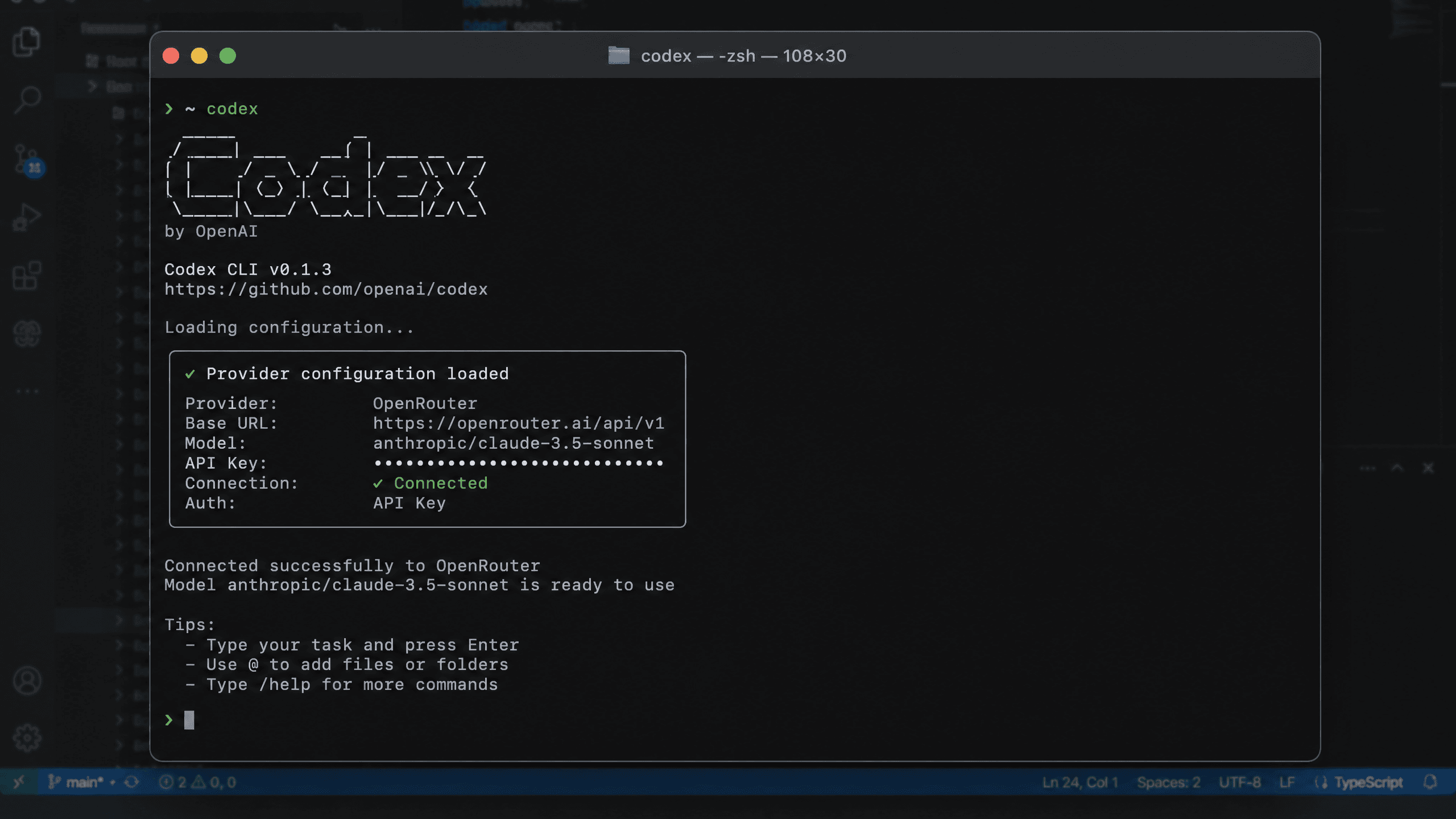 Codex startup screen