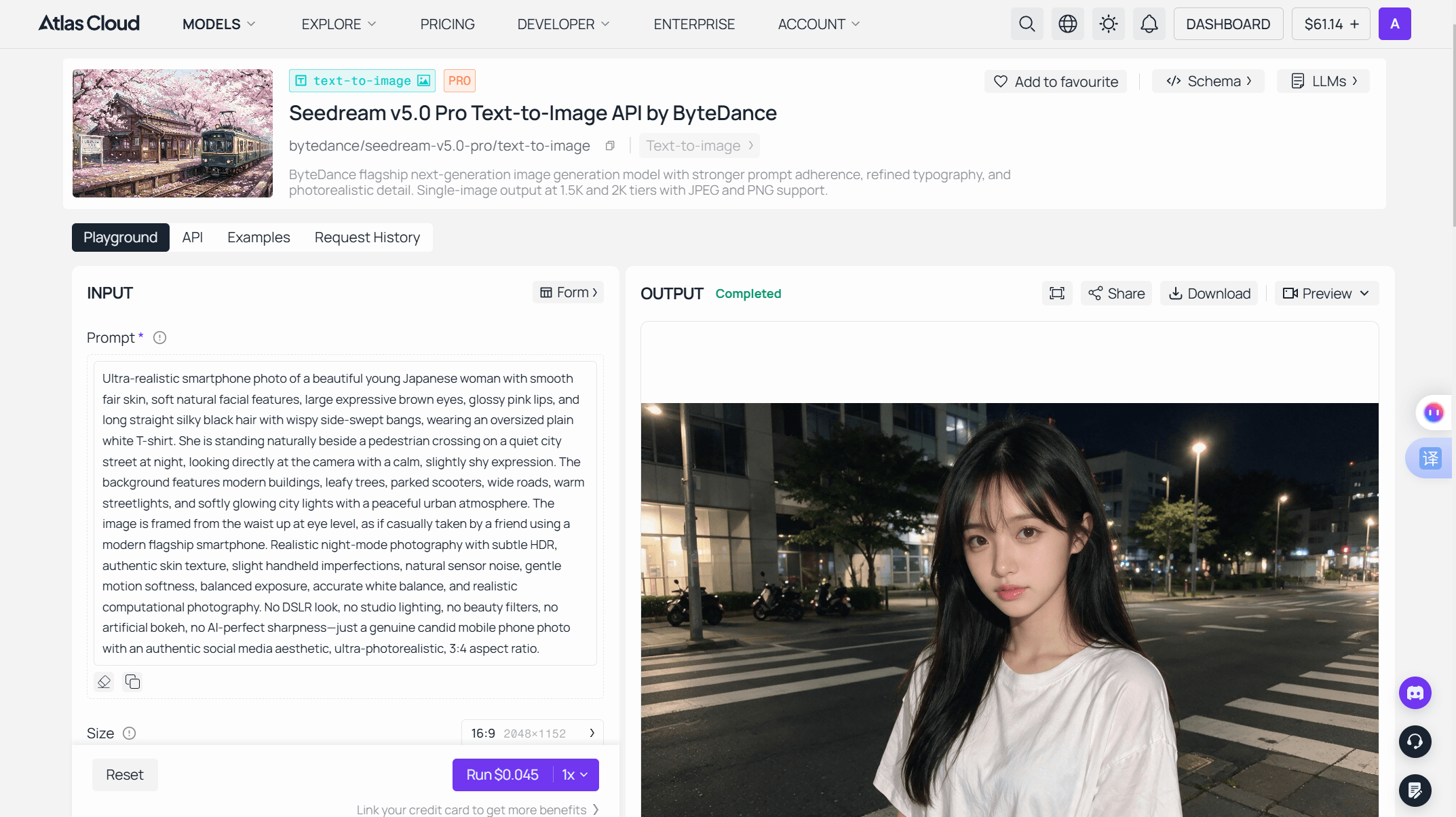 Atlas Cloud playground for Seedream 5.0 Pro with the 170-word portrait prompt filled into the input form, the Run button quoting $0.045, and the finished night-street portrait in the output panel.