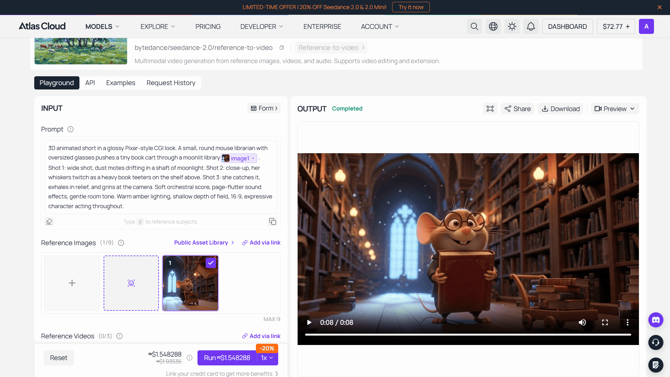 Generate Pixar style videos on the Seedance 2.0 landing page of Atlas Cloud.png