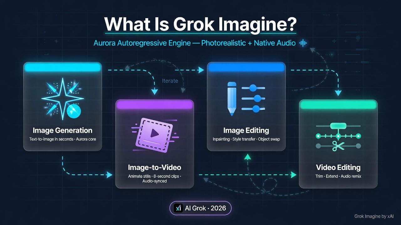 Grok Imagine by xAI product architecture diagram showing Aurora autoregressive engine at the base with four capability layers above: image generation for text-to-image, image-to-video for animating stills into 8-second audio-synced clips, image editing for inpainting style transfer and object swap, and video editing for trim extend and audio remix