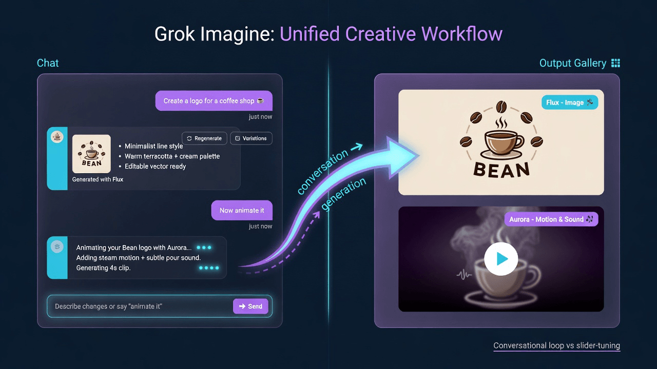 Split-screen showing the Grok chat interface generating an image on one side and a video clip on the other - search "AI chatbot interface creative