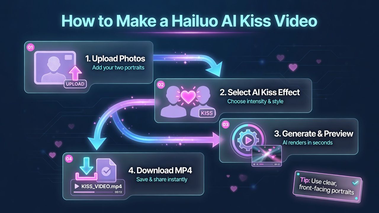 Four-step tutorial for Hailuo AI Kiss video: upload photos, select AI Kiss effect, generate and preview, download MP4 with front-facing portrait tip