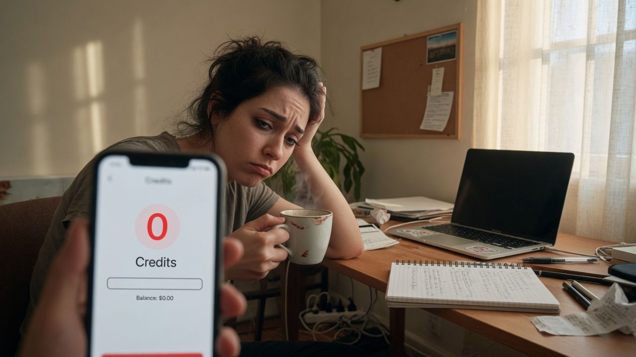 Frustrated creator staring at smartphone showing empty credits balance in early morning home office