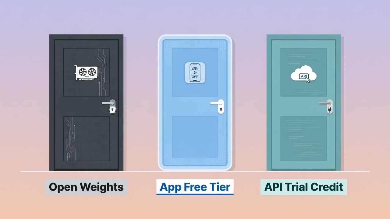 hree stylized doors representing AI video generator free options: open weights with GPU icon, app free tier with smartphone icon, and API trial credit with cloud icon